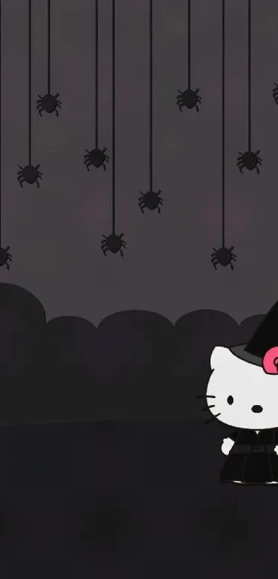 Adorable witch cat with spiders on dark background wallpaper.