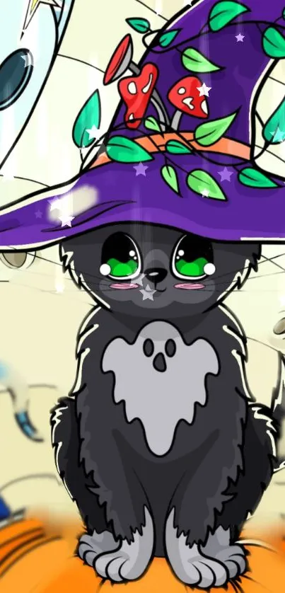 Cartoon cat in a purple hat with a magical, whimsical vibe.