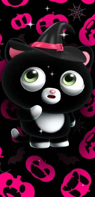 Cute black cat in witch hat with pink Halloween icons background.