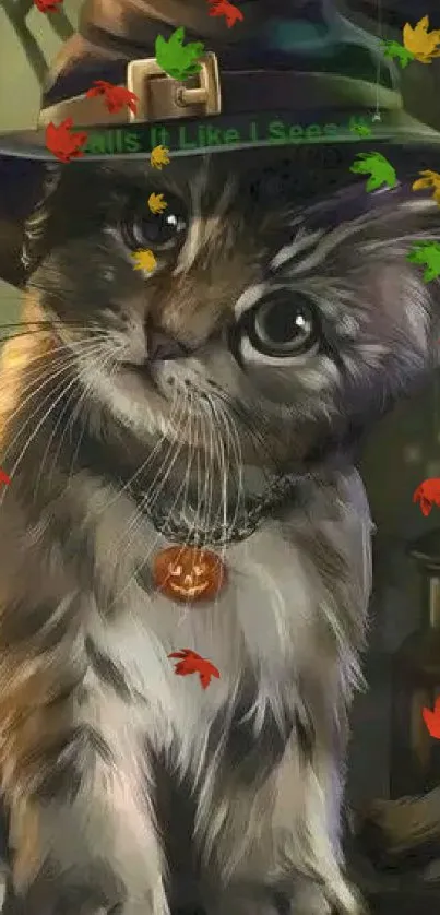 Adorable kitten in a witch hat with pumpkins and Happy Sunday text.