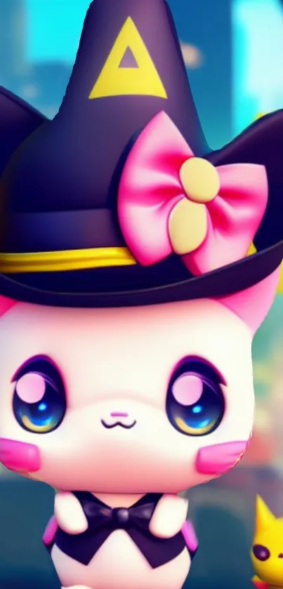 Cute cartoon cat with witch hat and bow.