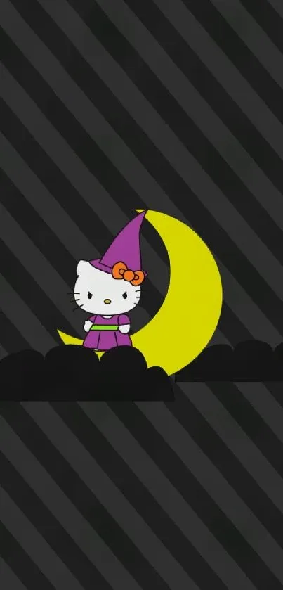 Cute witch cat on yellow moon wallpaper.