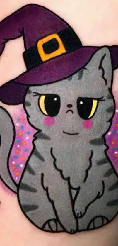 Adorable grey cat in a purple witch hat wallpaper.