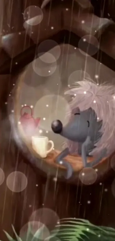 Cute cartoon wolf in a cozy rain-soaked window scene.