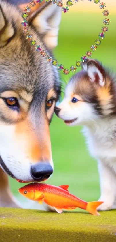 Adorable wolf and puppy with heart-shaped floral halo.