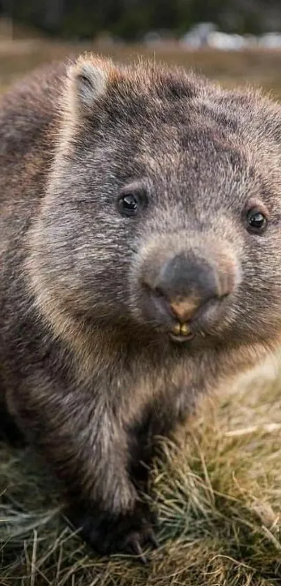 Cute wombat standing on grass in nature.