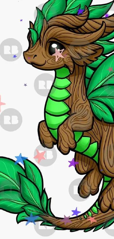 Cute wood dragon with green leaf wings illustration.