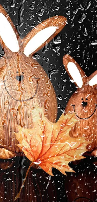 Two wooden bunnies with a maple leaf on a black background.