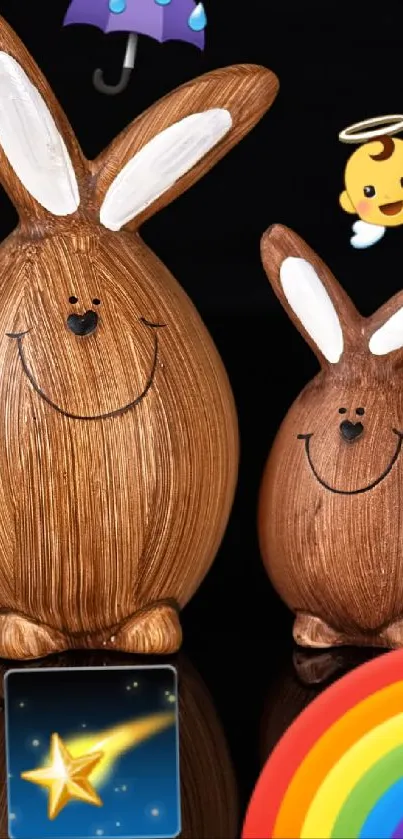 Cute wooden bunnies with colorful emojis