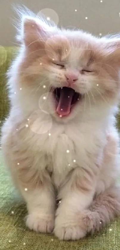 Cute fluffy kitten yawning on a green couch.