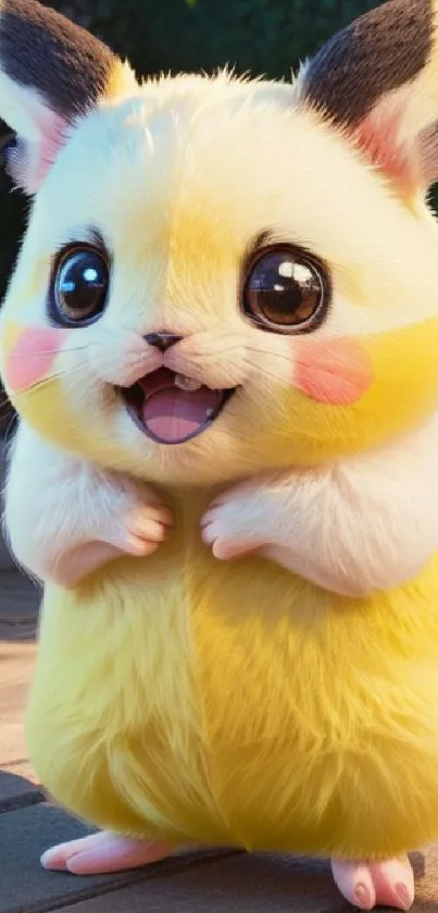 Cute yellow anime creature with fluffy fur and big eyes.