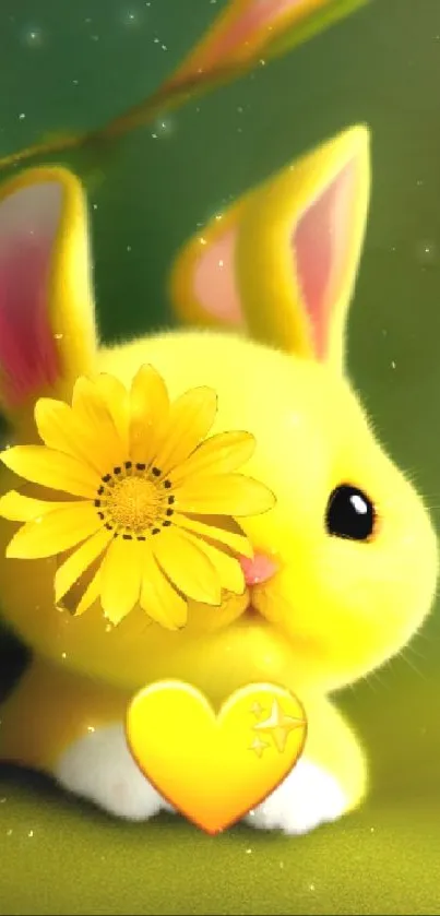 Yellow bunny with flower, heart design background.