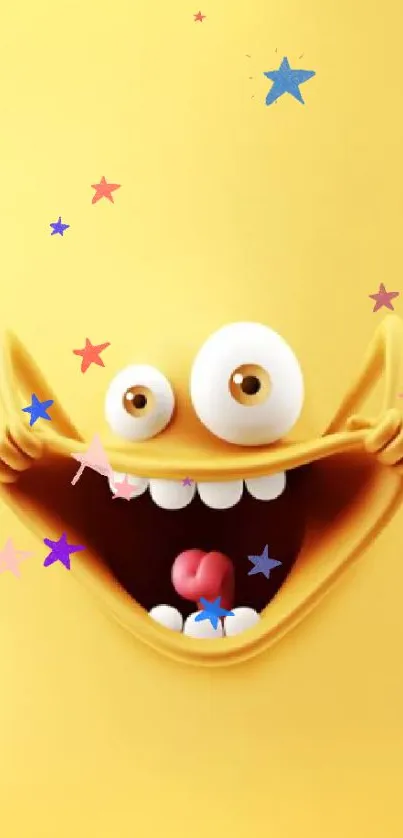 Cute yellow cartoon character with a big smile on a mobile wallpaper.