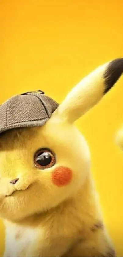 Cute yellow character with detective cap on yellow background.