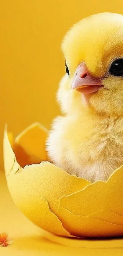 Adorable yellow chick in cracked eggshell, bright yellow background.