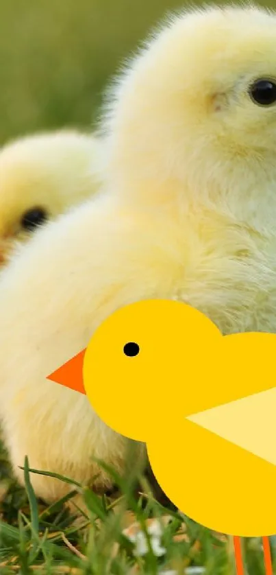 Two adorable yellow chicks on green grass background.