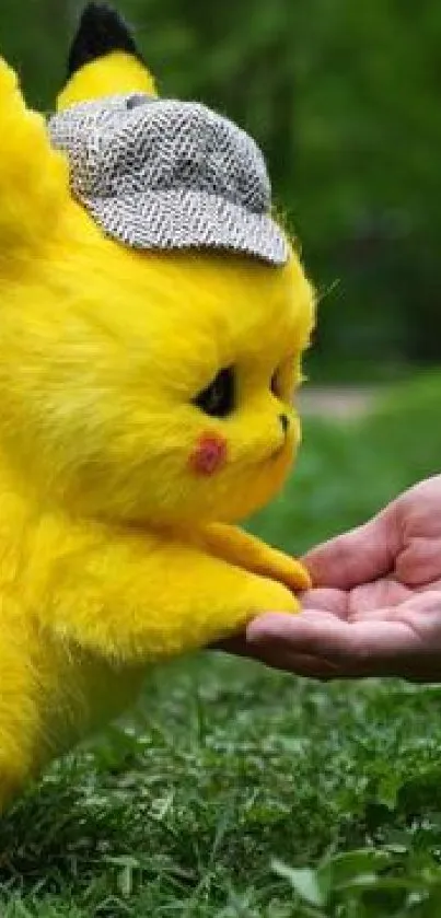 Cute yellow creature with hat in nature, touching a hand.