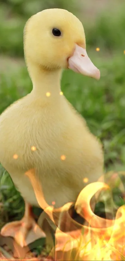 Adorable yellow duckling standing on green grass.