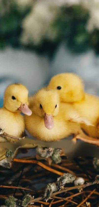 Three cute yellow ducklings nestled in a cozy nest.