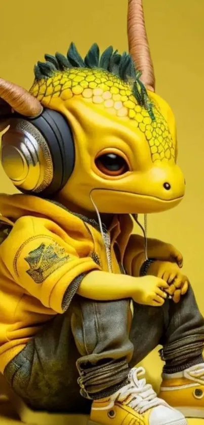 Cute yellow fantasy creature with headphones and casual outfit.