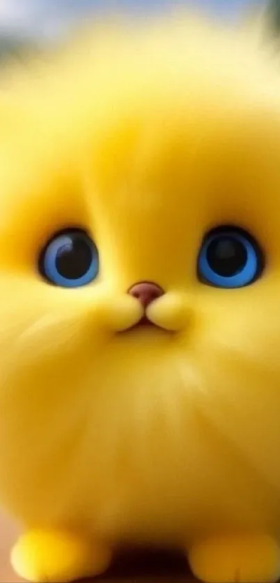 Cute yellow fluffy creature with big blue eyes.