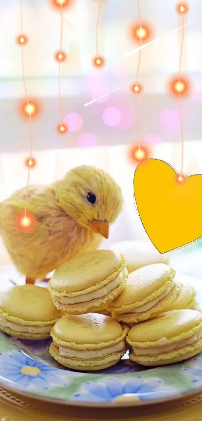 Yellow macarons with cute chick and heart design wallpaper.