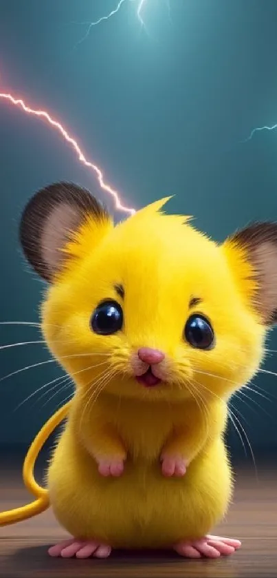 Adorable yellow mouse with lightning background.