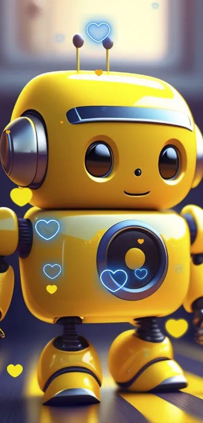 Cute yellow robot with heart symbols in digital art.