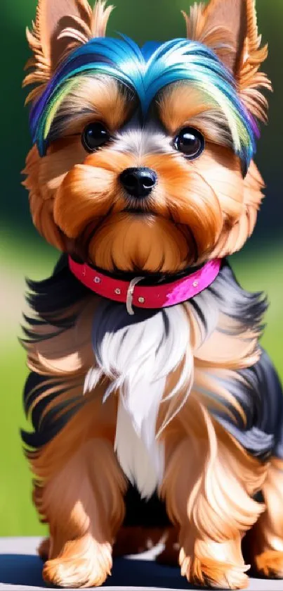 Cute Yorkie with colorful fur and pink collar on green background.