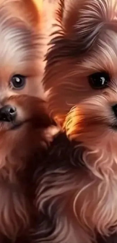 Two cute Yorkie puppies with fluffy fur and bows in a warm-toned image.