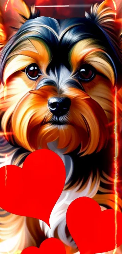 Yorkshire Terrier with red hearts on a vibrant wallpaper.