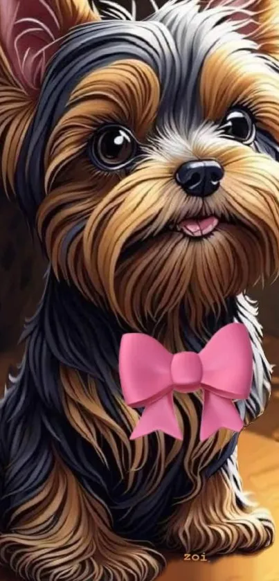 Charming Yorkie with a pink bow on a mobile wallpaper.