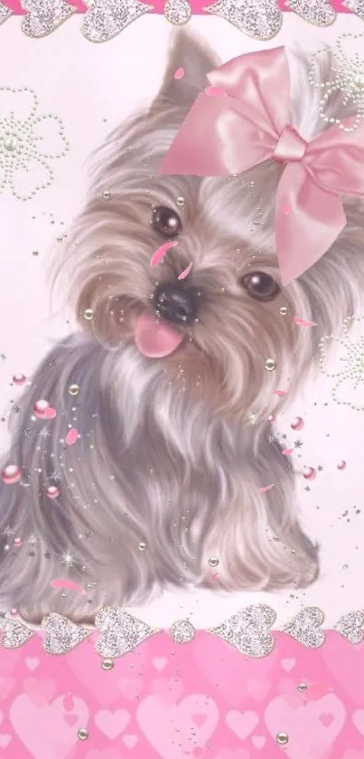 Yorkie with a pink bow and heart border on mobile wallpaper.