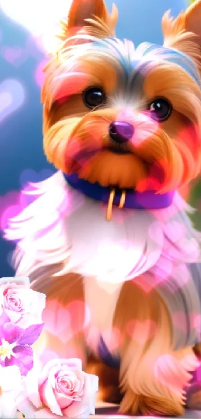 Cute Yorkshire Terrier with flowers in vibrant setting.