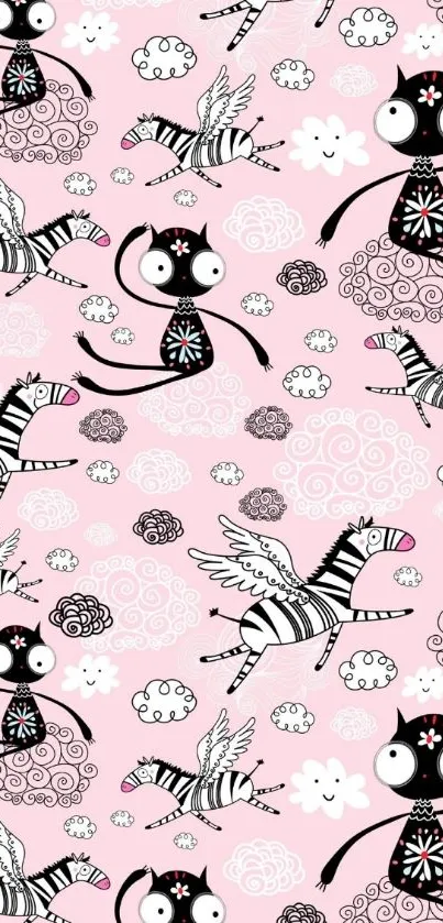 Playful cats and flying zebras on pink background.