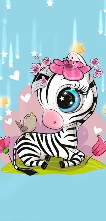 Cute cartoon zebra with flowers on blue background.