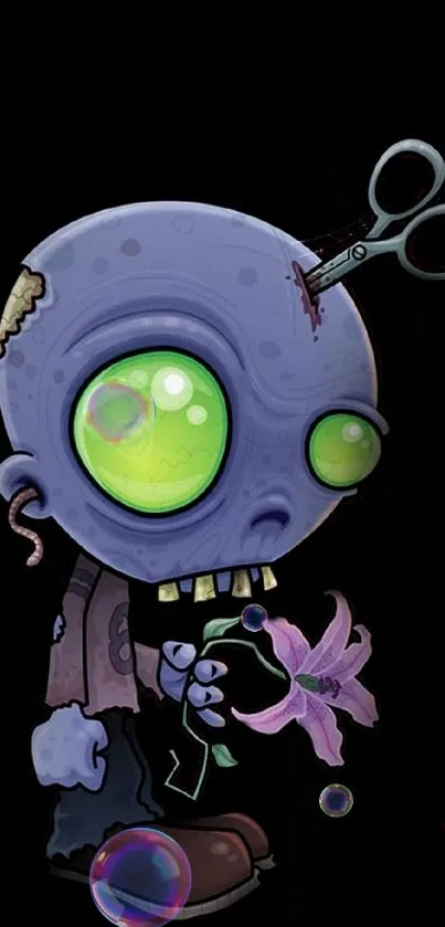 Whimsical cartoon zombie holding a flower.