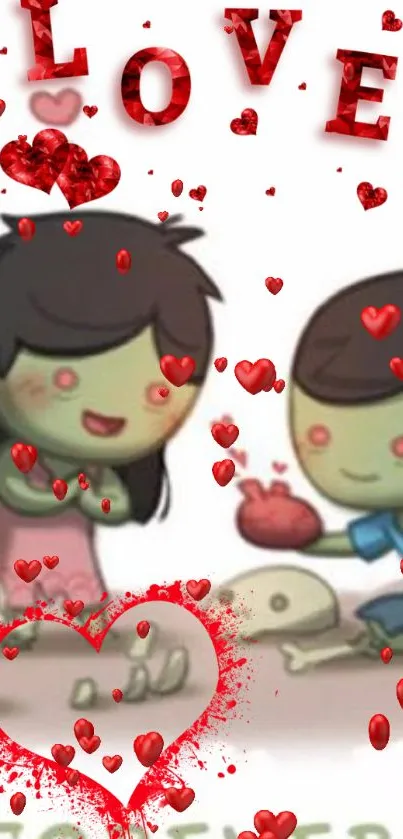 Cartoon zombies in love with hearts and playful design.