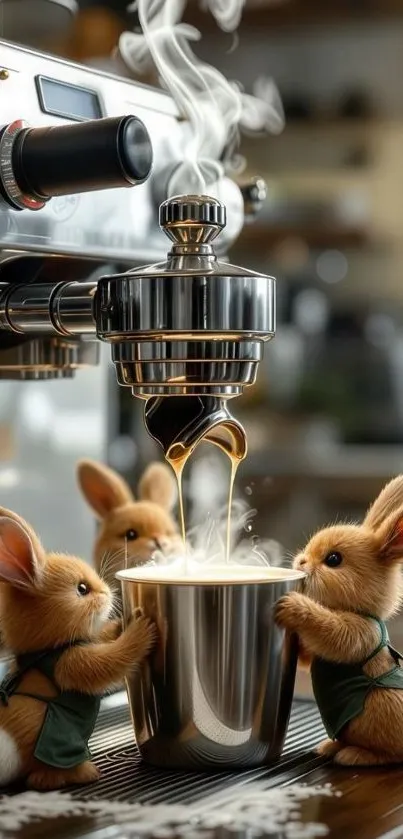 Three cute bunnies make coffee together.