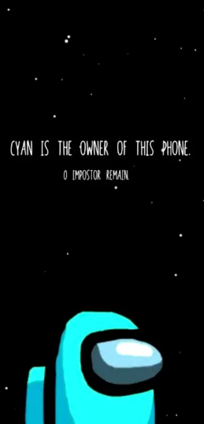 Cyan crewmate phone wallpaper with a space theme.