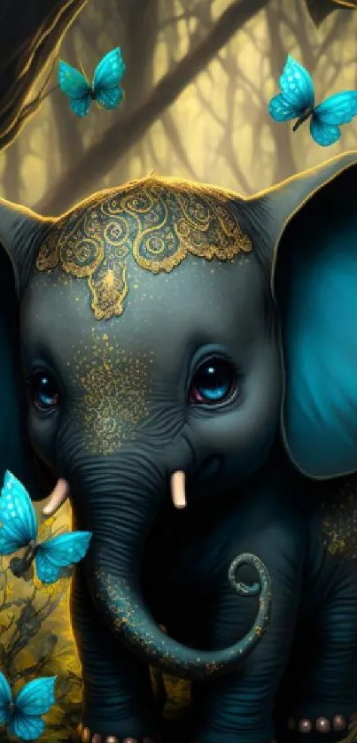 Fantasy elephants art wallpaper in cyan.