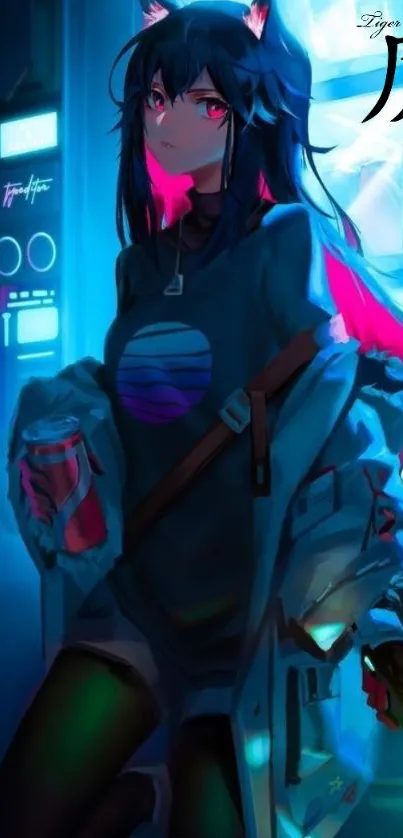 Anime girl in neon lighting with futuristic vibes.