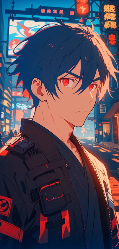 Anime character with blue hair and red eyes in a cyberpunk neon-lit street.