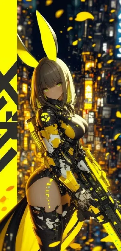 Anime warrior in cyberpunk city with yellow accents.