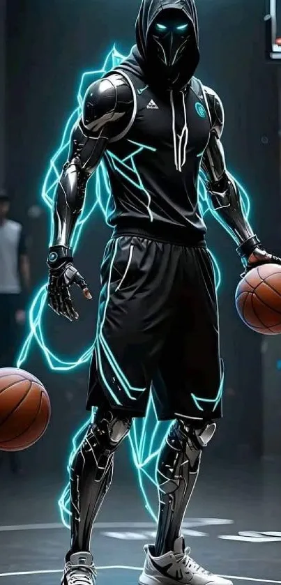 Futuristic cyber warrior playing basketball in dynamic, high-tech design.