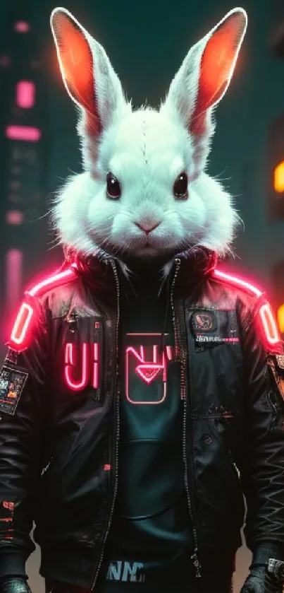 Cyberpunk rabbit in a neon cityscape background.