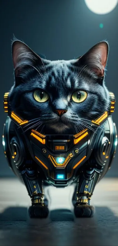 Cyber cat wearing futuristic armor with glowing details.