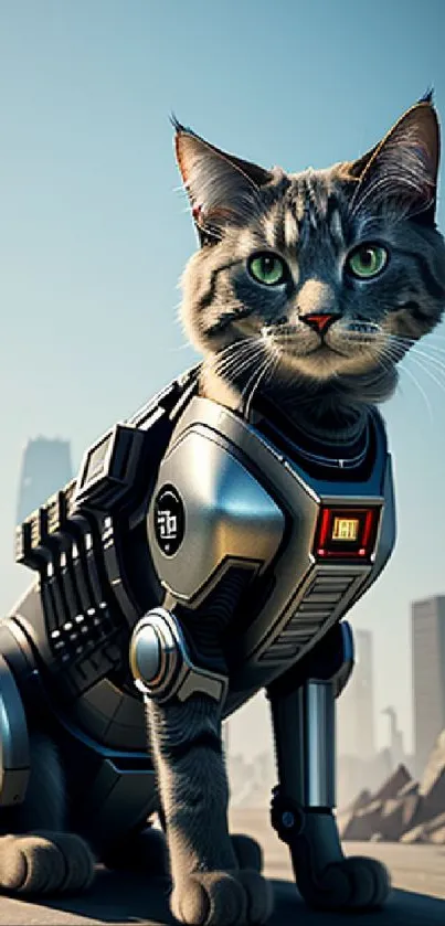 Cybernetic cat in a futuristic cityscape with robotic armor.