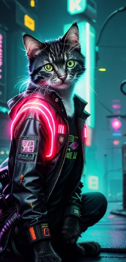 A cyberpunk cat sits in a glowing neon city street.