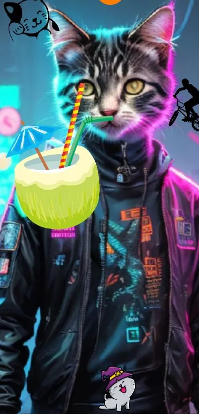 Cool cyber cat in a neon-lit urban street with vibrant, futuristic vibes.